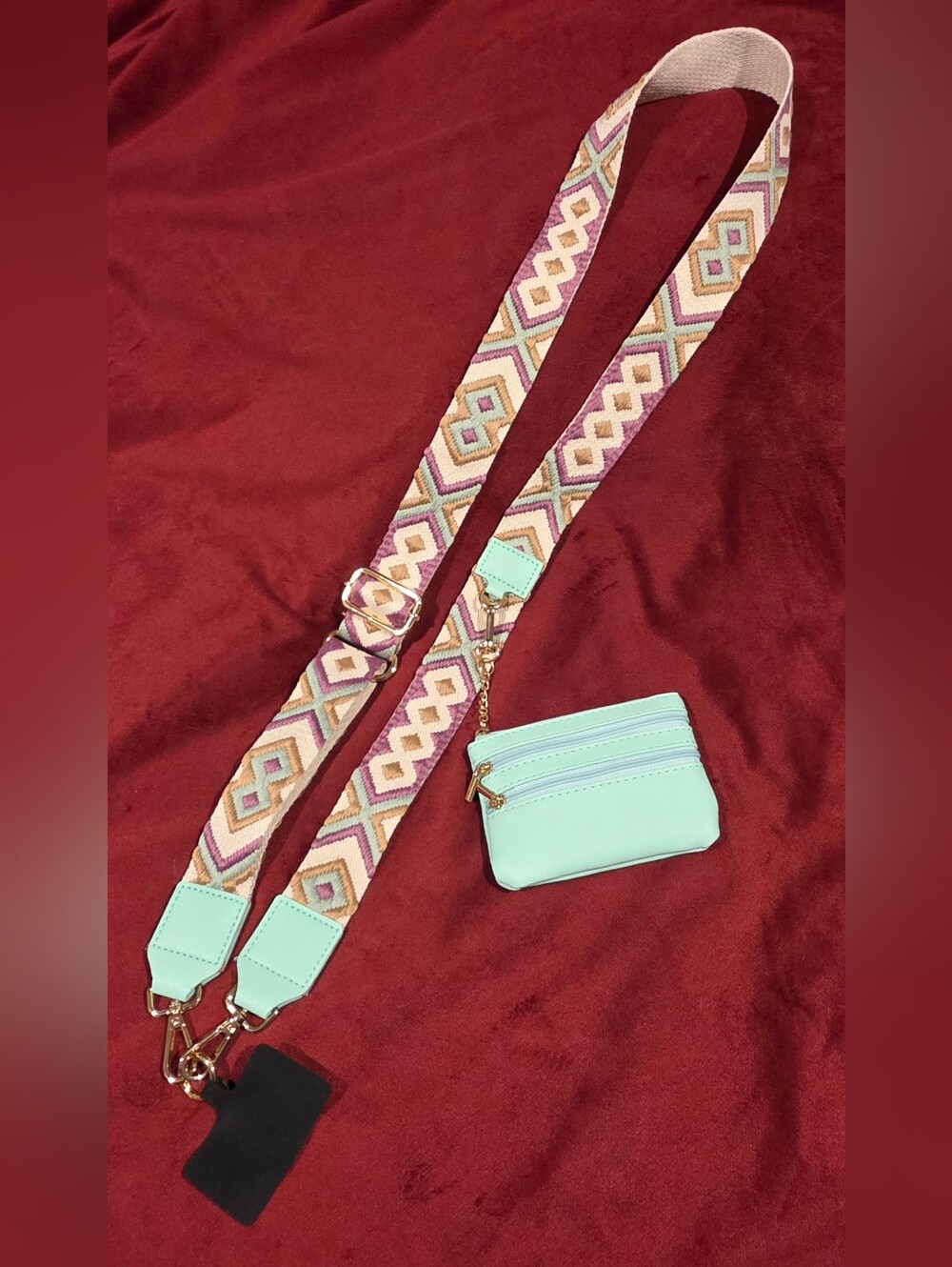 Mint Geometric Embroidered Crossbody Guitar Strap Phone Lanyard with Pouch Set